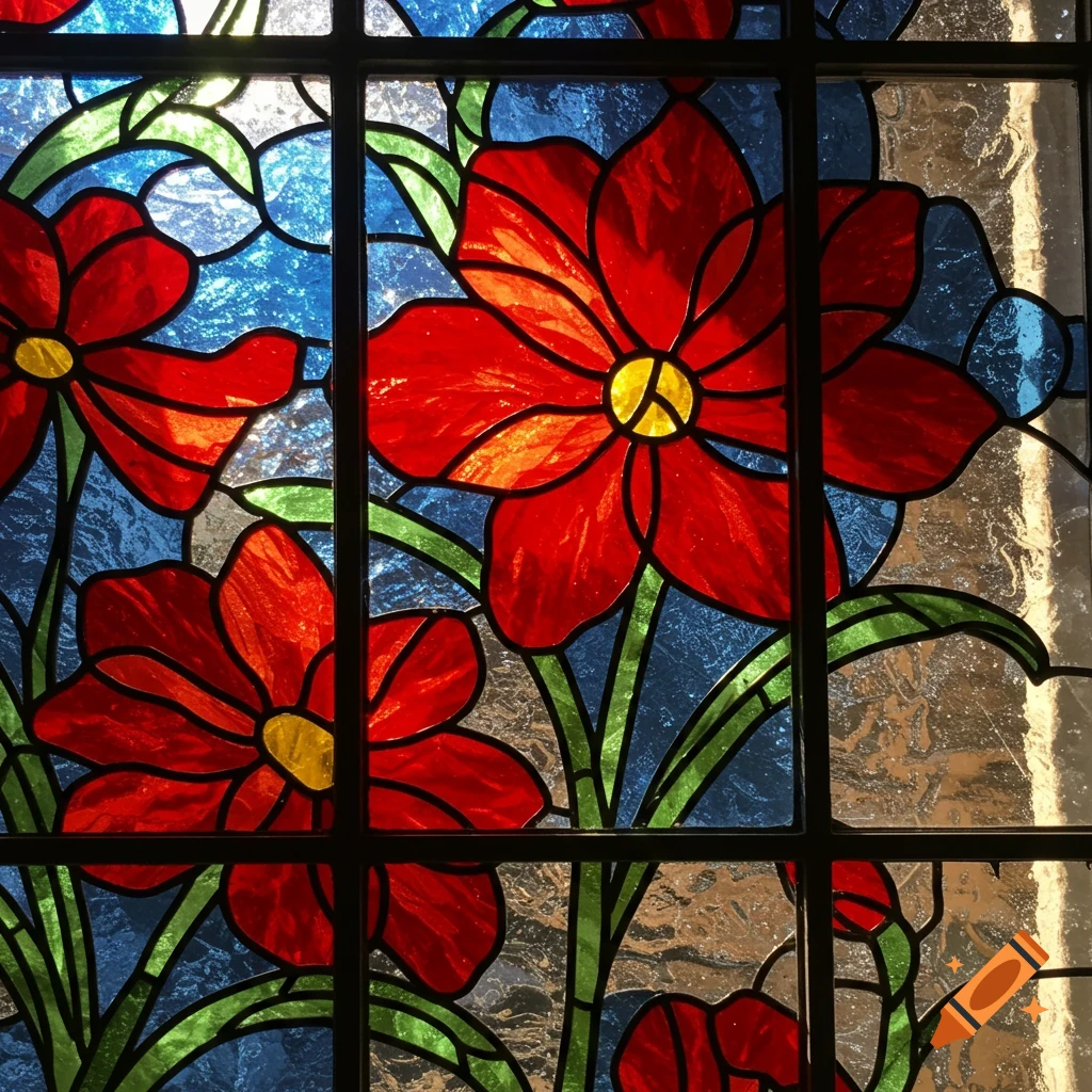 Vibrant stained glass window featuring red flowers, blue and green leaves, and black leading.