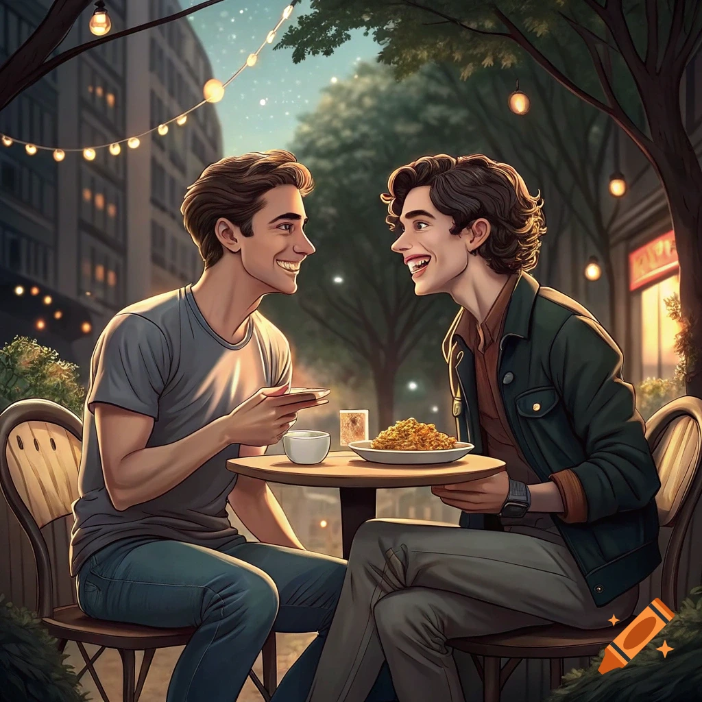 Two men smiling and talking at an outdoor cafe in an illustration, with string lights overhead.