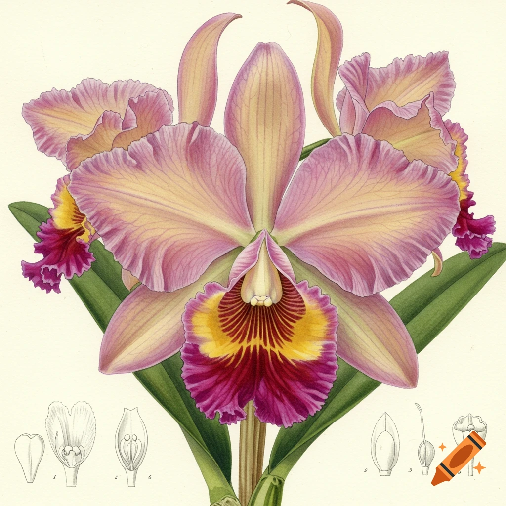 Detailed watercolor botanical illustration of a pink and yellow Cattleya orchid on a white background, with small diagrams.