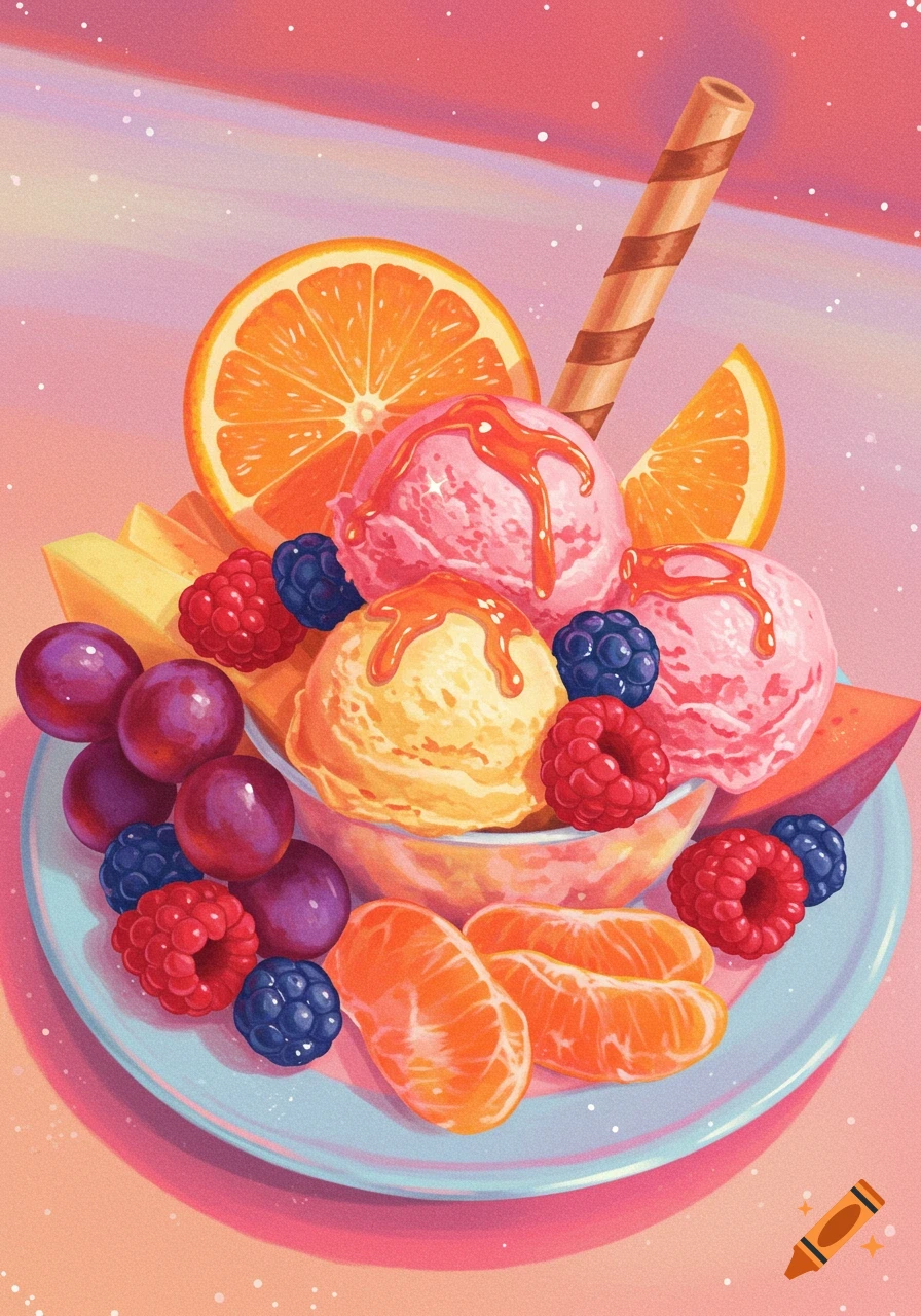 Colorful illustration of an ice cream sundae with fruit and a wafer stick on a pink background.