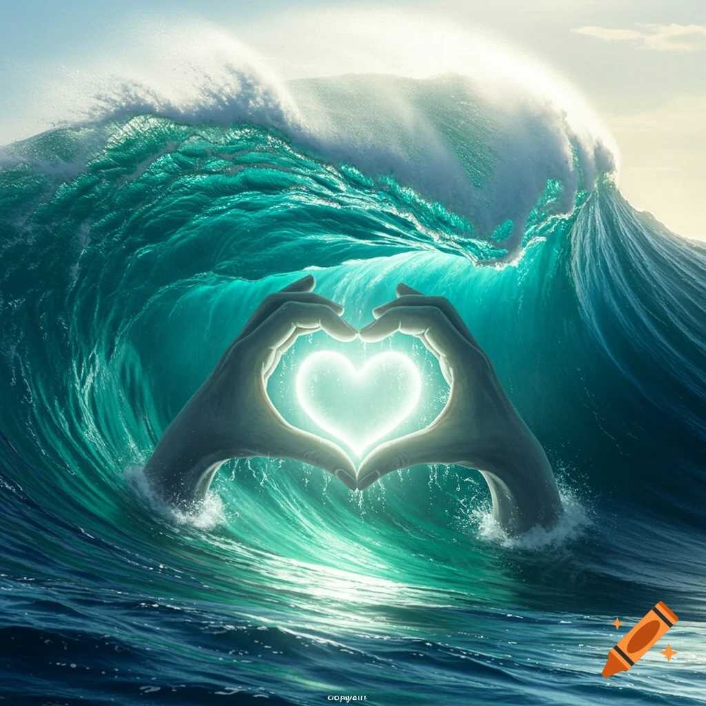 Two hands forming a glowing heart shape in the center of a giant, crashing teal ocean wave under a bright sky.