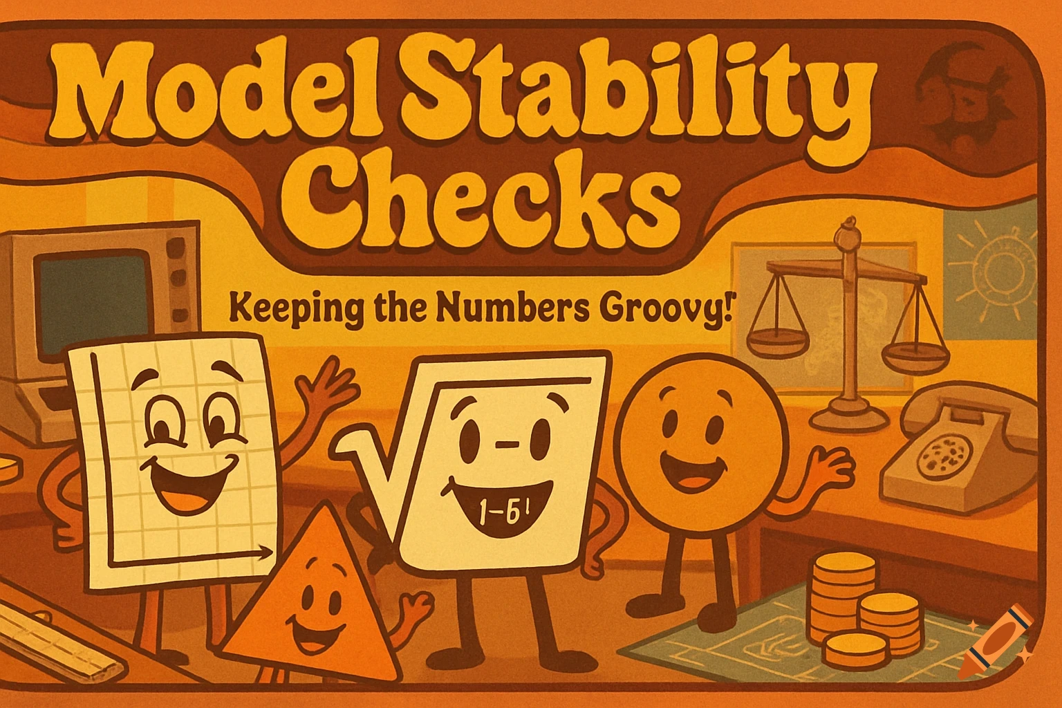 1970s-style poster for 'Model Stability Checks' with anthropomorphized math symbols, retro computers, and a balanced scale.