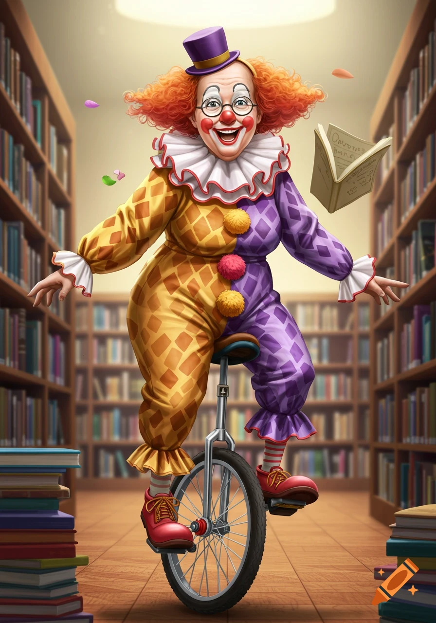 A cheerful clown in a colorful harlequin costume and purple top hat rides a unicycle in a library aisle, with books stacked and floating around.