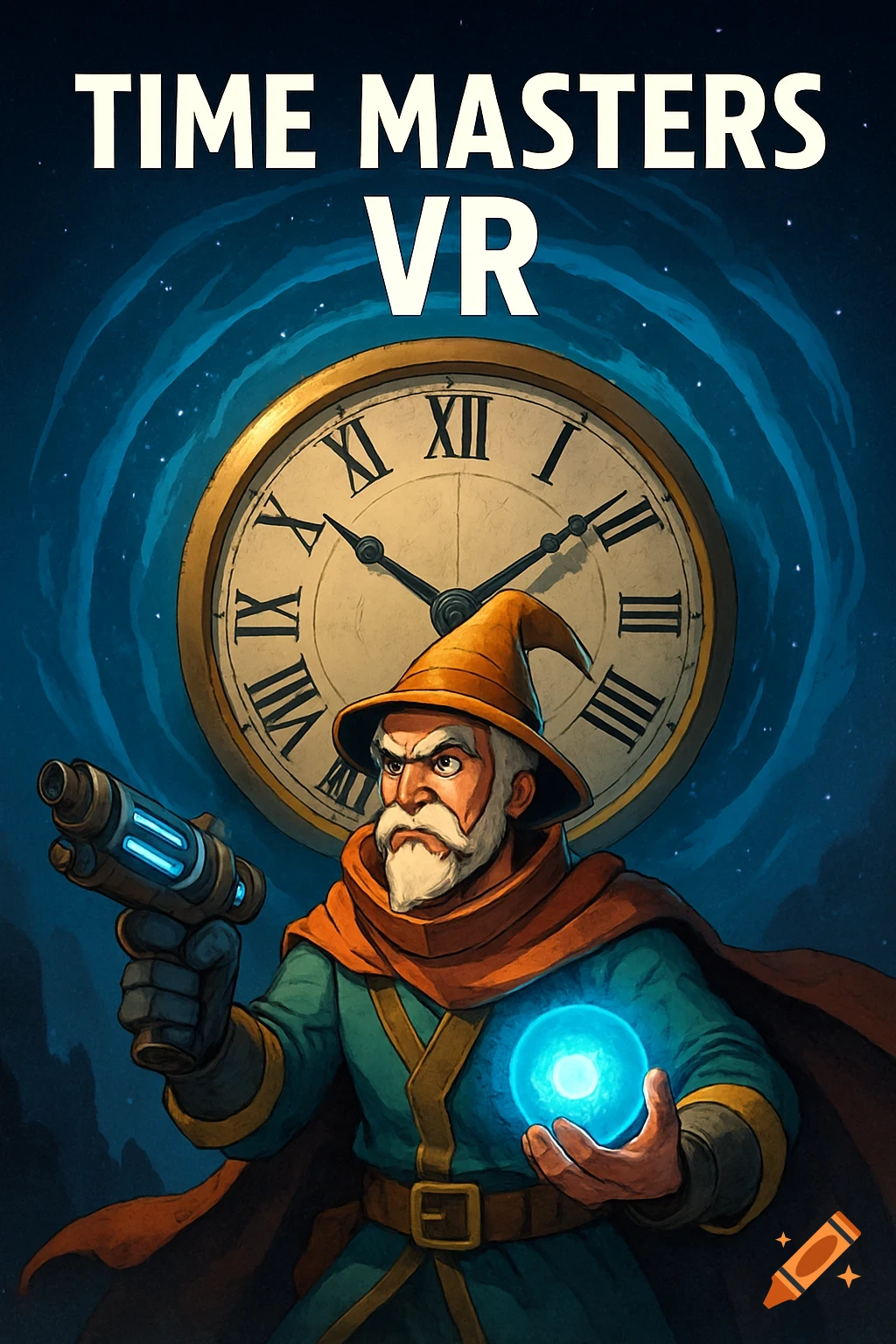 A wizard with a white beard and pointy hat holds a futuristic gun and glowing orb in front of a large clock under the title 'TIME MASTERS VR'.