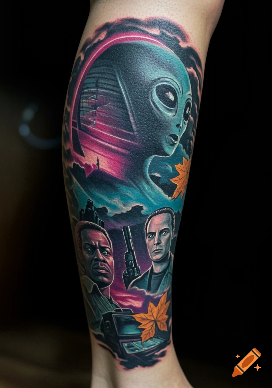 Colorful, intricate tattoo on a leg featuring an alien head, two men, a gun, a laptop, and a maple leaf, in a neon-noir sci-fi style.