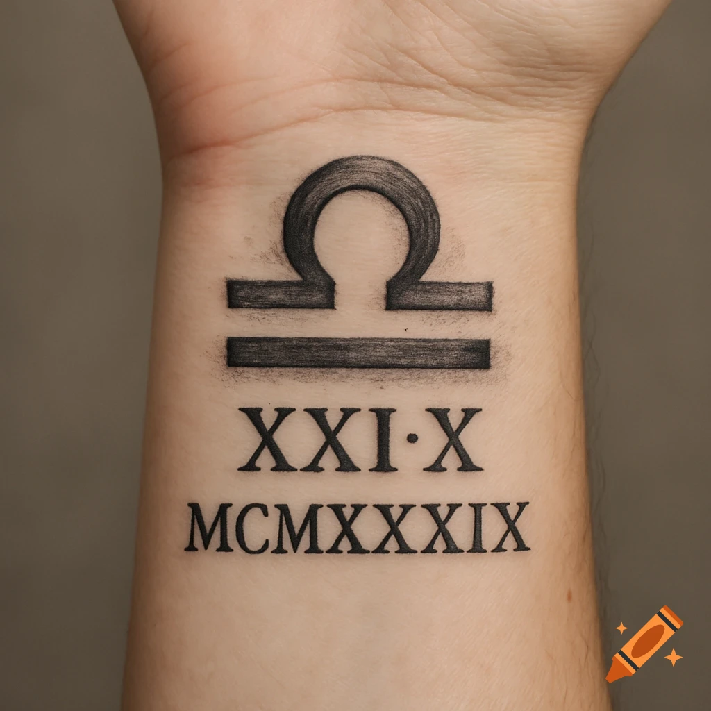 Close-up of a wrist with a black tattoo featuring the Libra symbol and the Roman numerals XXI X MCMXXXIX.