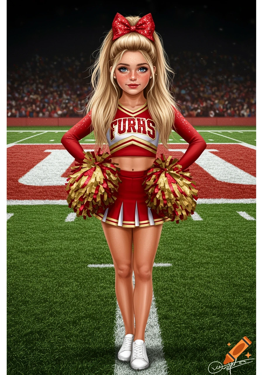 Digital illustration of a blonde cheerleader in a red and gold uniform, holding pom-poms on a football field.
