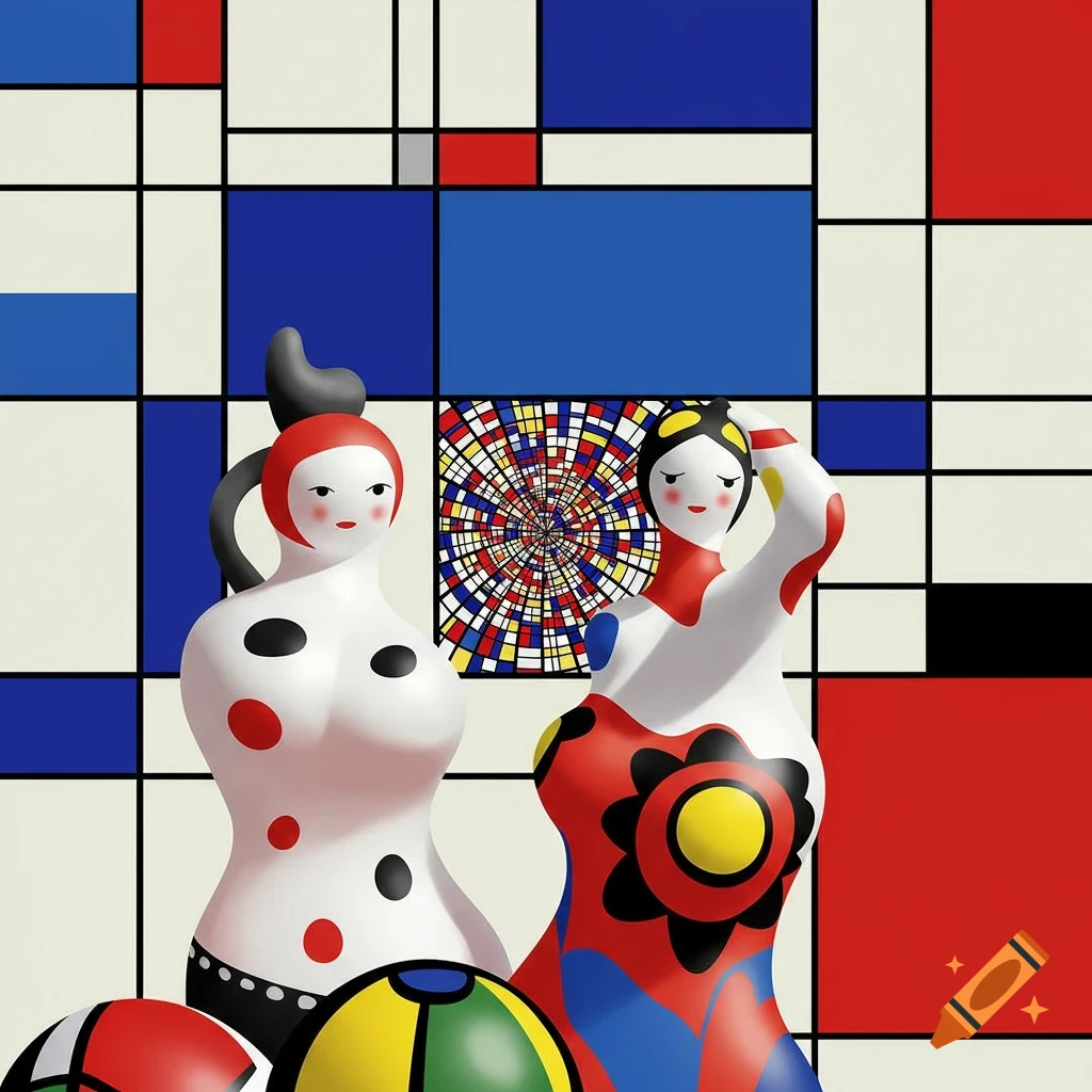 Two colorful, stylized Niki de Saint Phalle-like figures in front of a Mondrian-style grid with a central optical illusion.