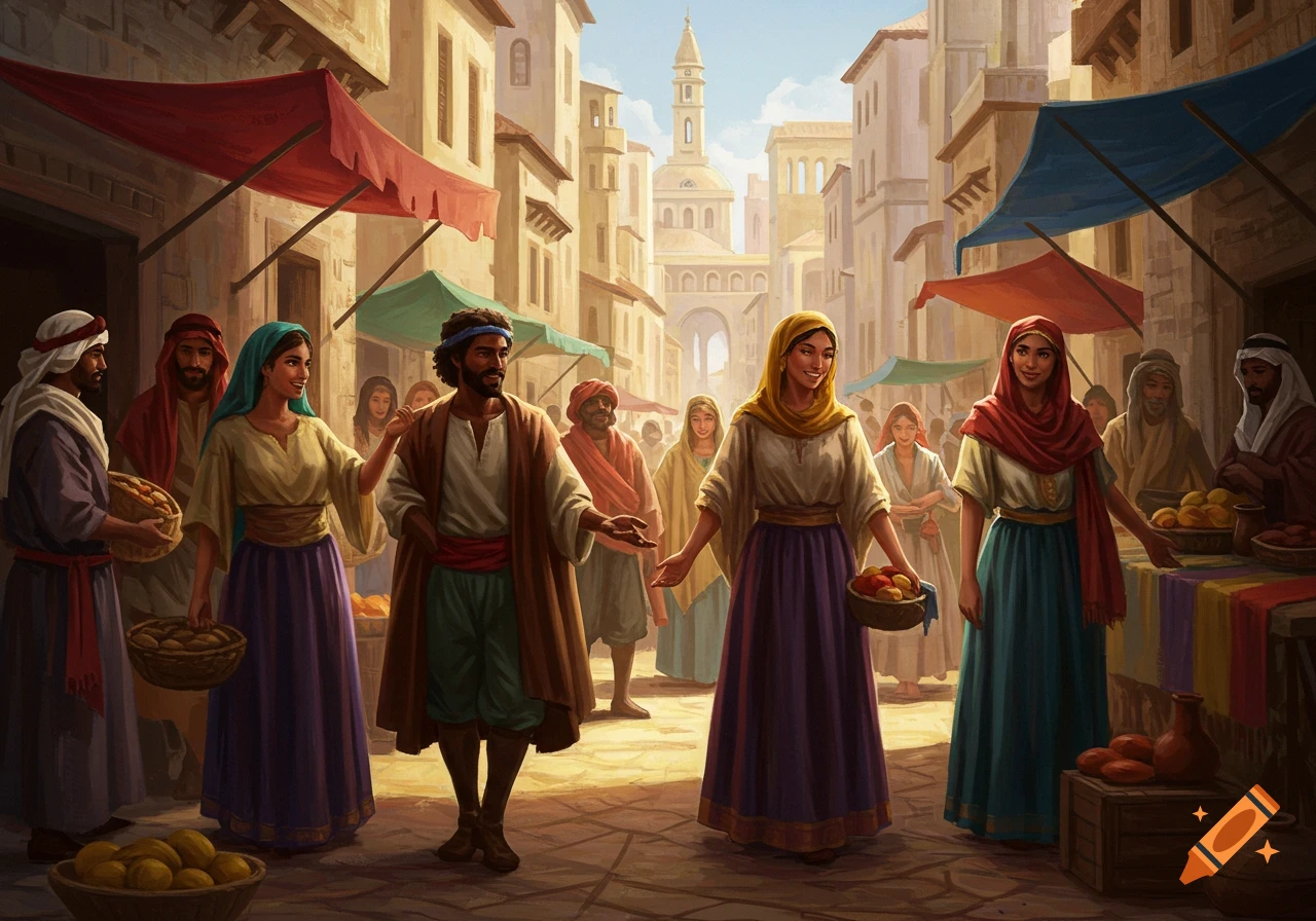 A vibrant marketplace scene with people in traditional attire, selling goods under colorful awnings in a bustling ancient city.