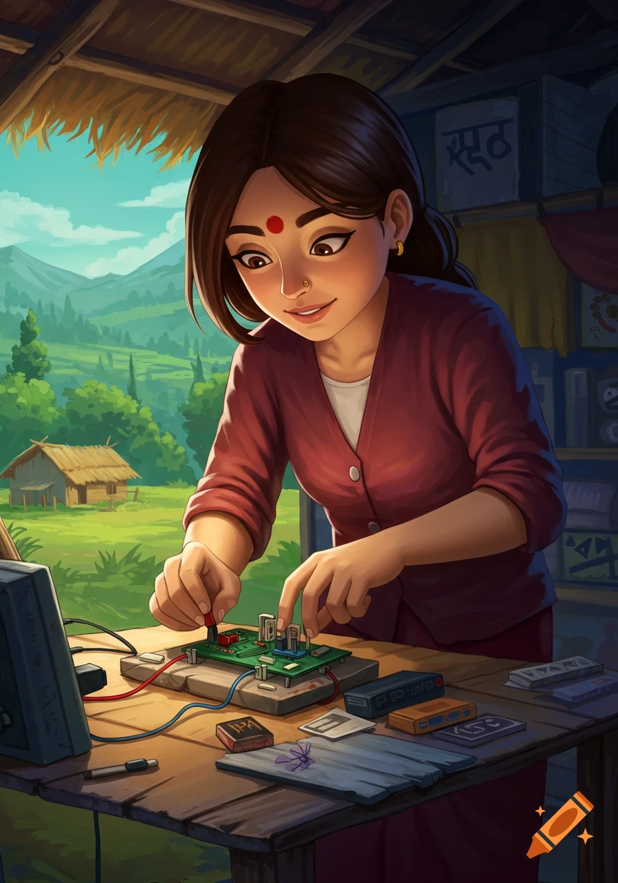 An animated young woman with a bindi works on an electronic circuit board at a table in a rural hut, with mountains in the background.