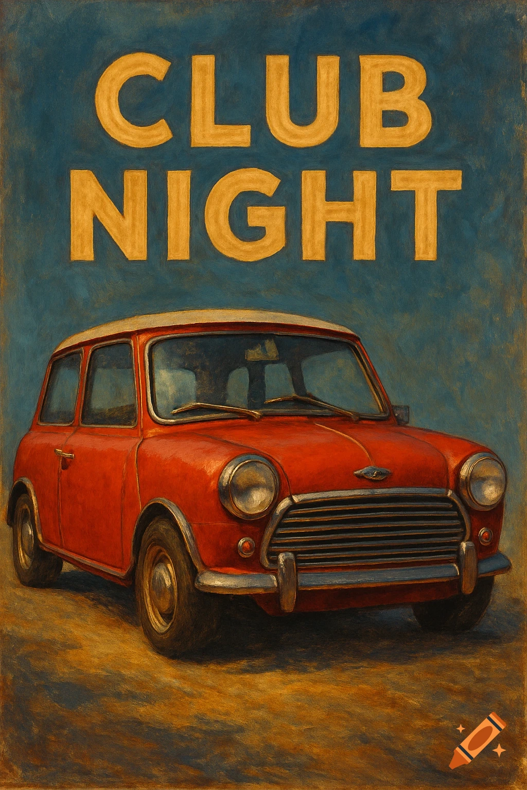 An oil painting style illustration features a red classic Mini Cooper car below large yellow text that reads "CLUB NIGHT" on a textured blue background.
