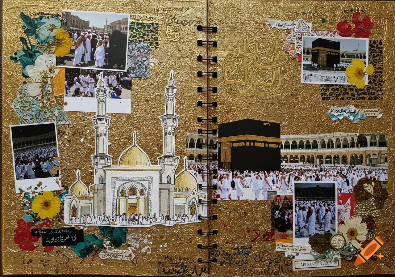 A golden scrapbook page featuring photos of pilgrims at the Kaaba in Mecca, an illustration of a mosque, and pressed flowers, with Arabic calligraphy.