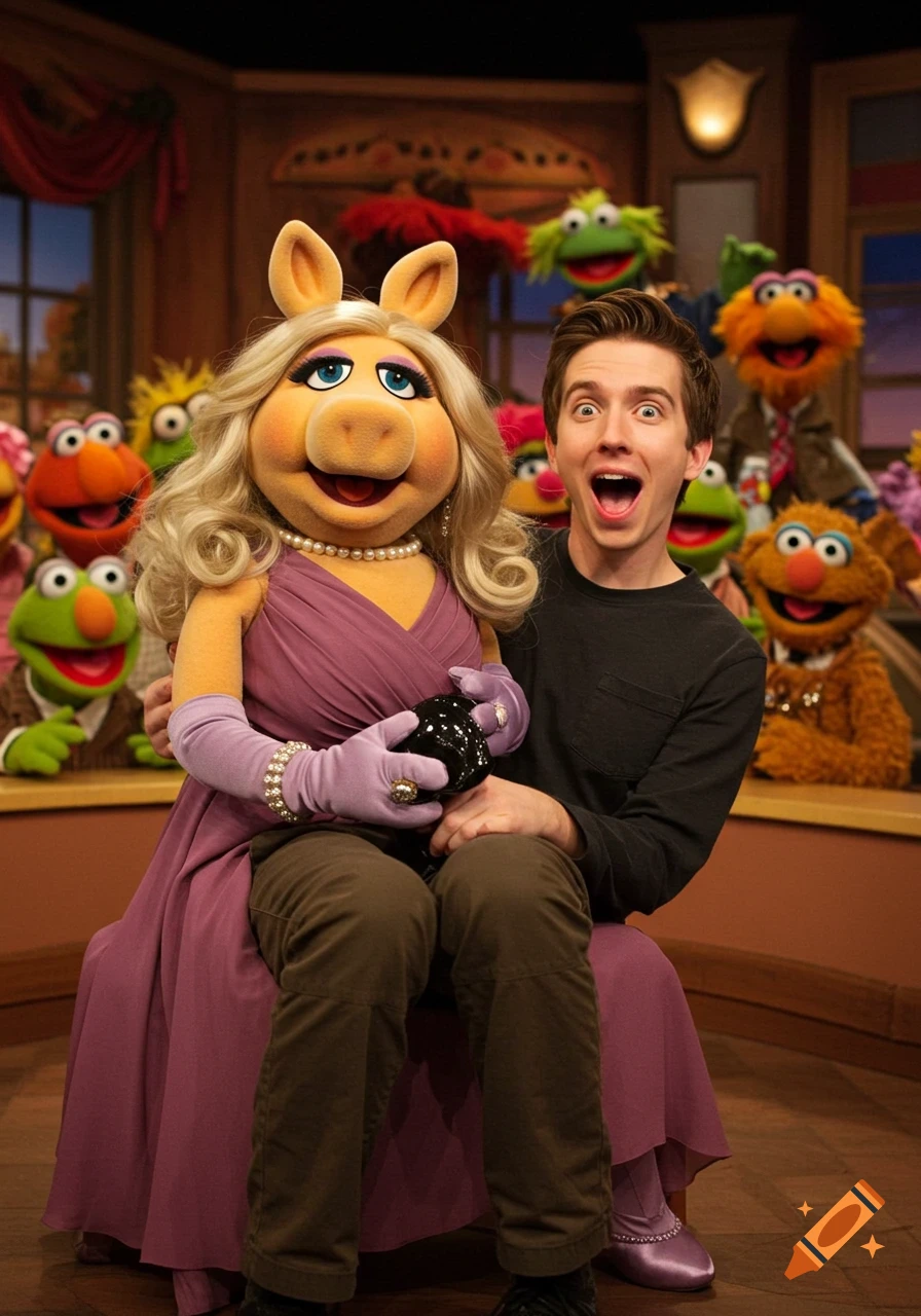 Miss Piggy, in a purple gown, sits with a surprised young man on her lap, surrounded by other Muppets on a set.