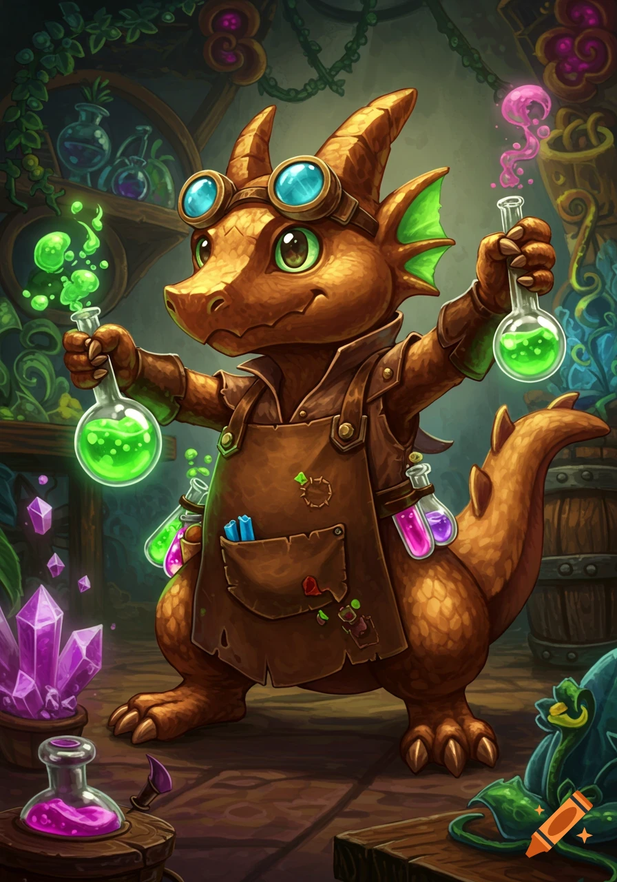 A cute, brown, dragon-like alchemist wearing goggles and an apron holds two beakers with glowing green liquid in a vibrant lab.