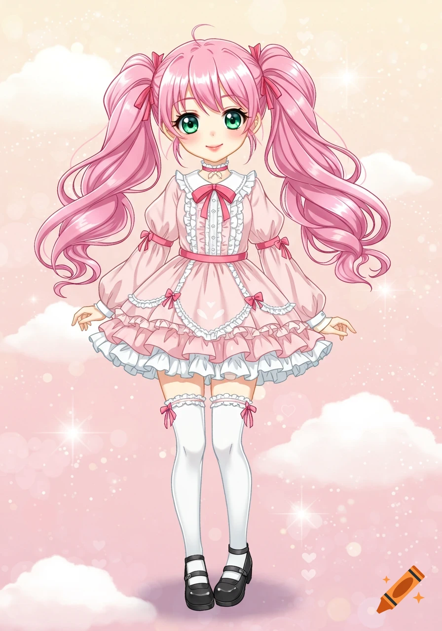 A full-body anime illustration of a cute girl with pink pigtails, green eyes, wearing a pink ruffled lolita dress, white stockings, and black shoes, standing on a soft pink cloudy background.