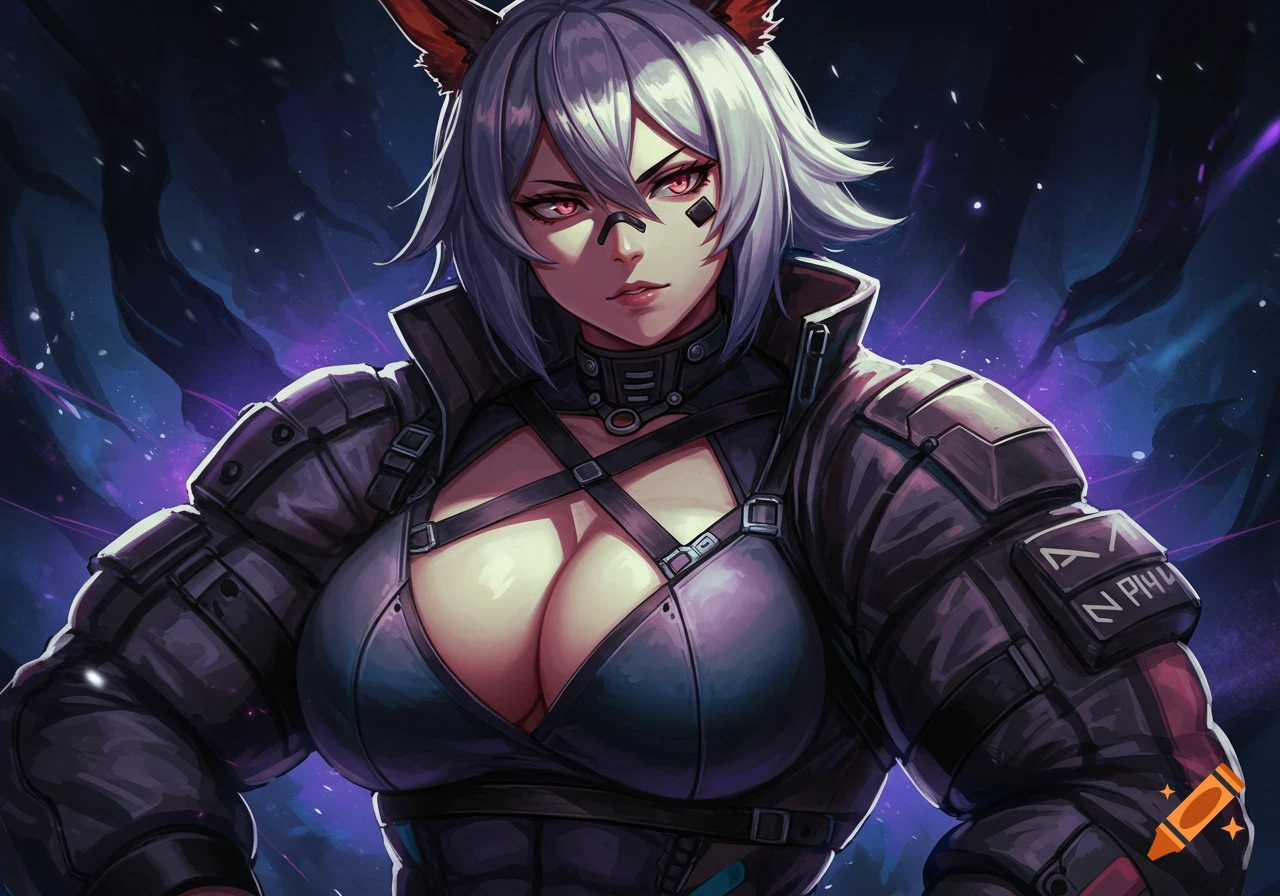 Anime character with white hair, fox ears, red eyes, and a large chest, wearing dark armored clothing against a purple, starry background.