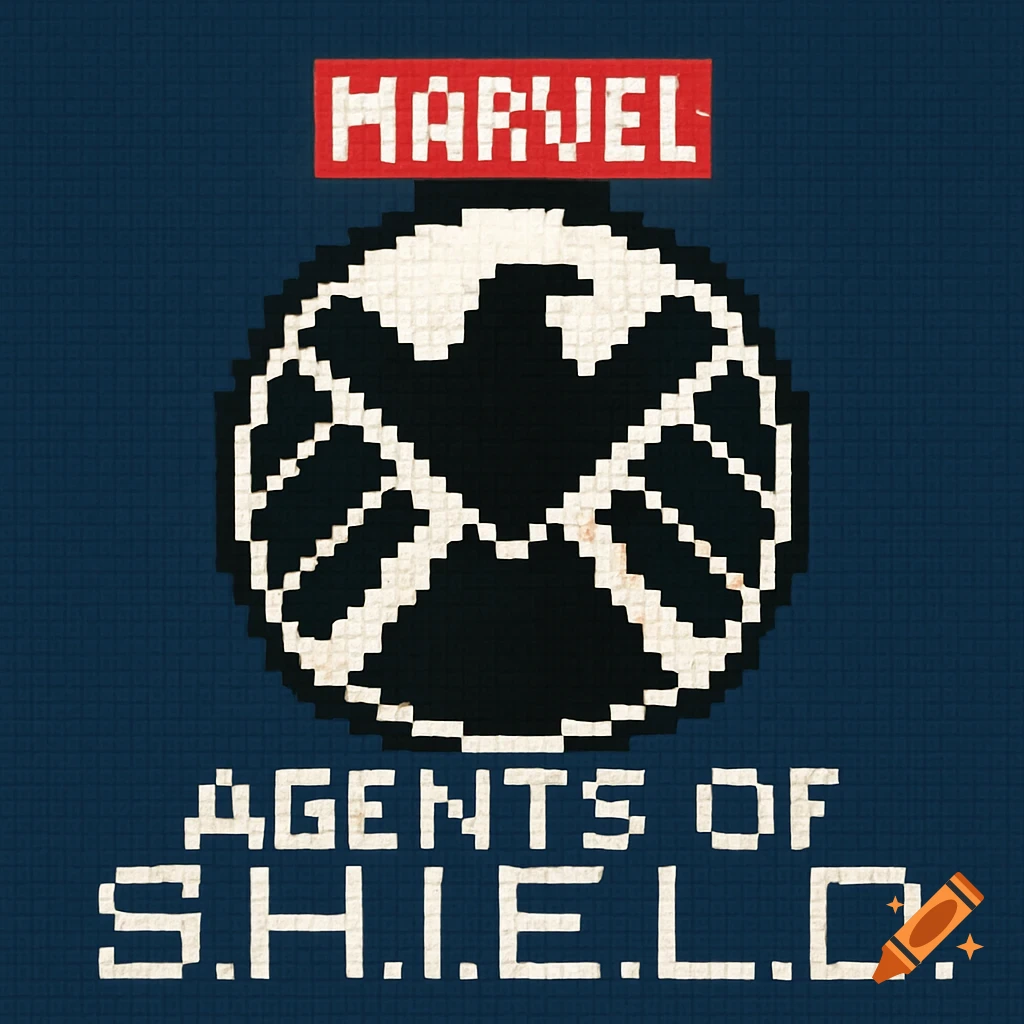 Pixel art logo for Marvel's Agents of S.H.I.E.L.D. with a black eagle shield on a dark blue background.
