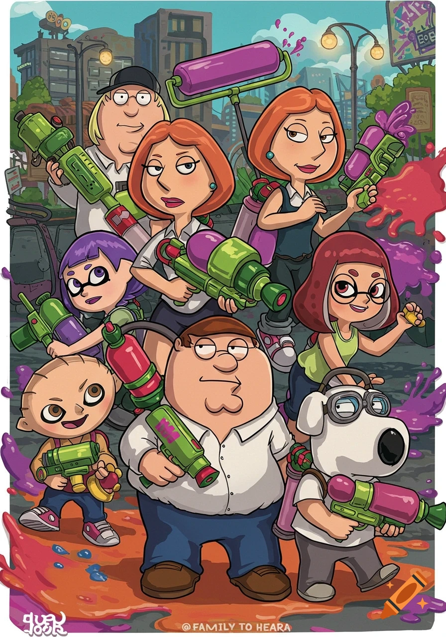 Family Guy characters like Peter, Lois, Stewie, and Brian, along with Splatoon-style Inkling characters, in a vibrant, cartoonish scene with paint splatters, holding water guns and a paint roller.