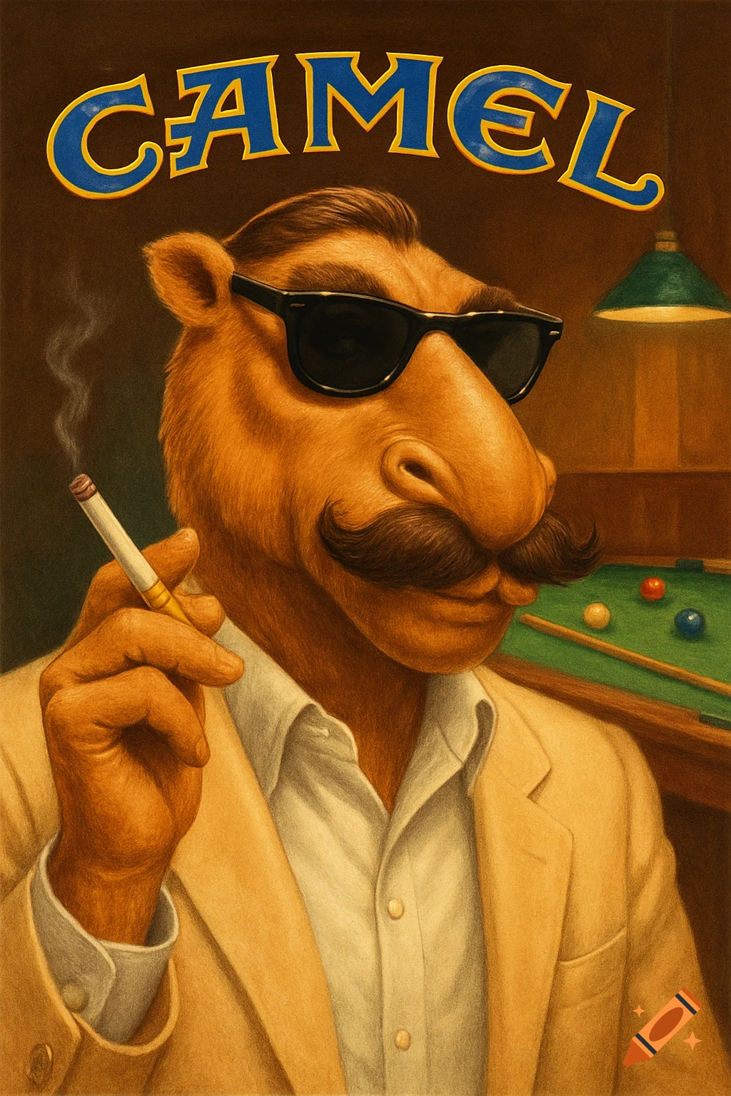 A vintage-style illustration of an anthropomorphic camel in sunglasses and a mustache, smoking a cigarette next to a billiard table with the word 'CAMEL' above.