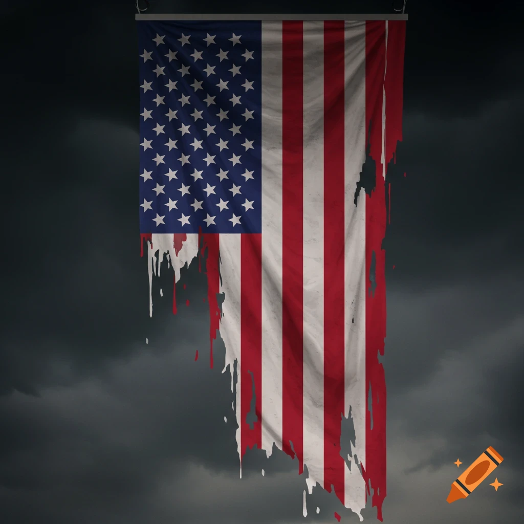 A tattered and distressed American flag hangs vertically against a dark, cloudy sky, with red and white drips.