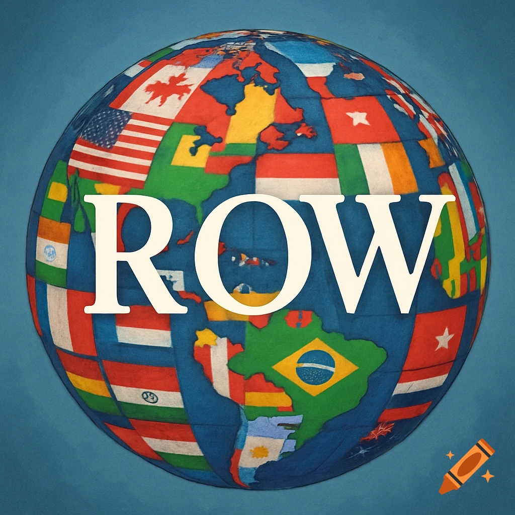 A globe covered in national flags with the large white text 'ROW' overlaid on top.