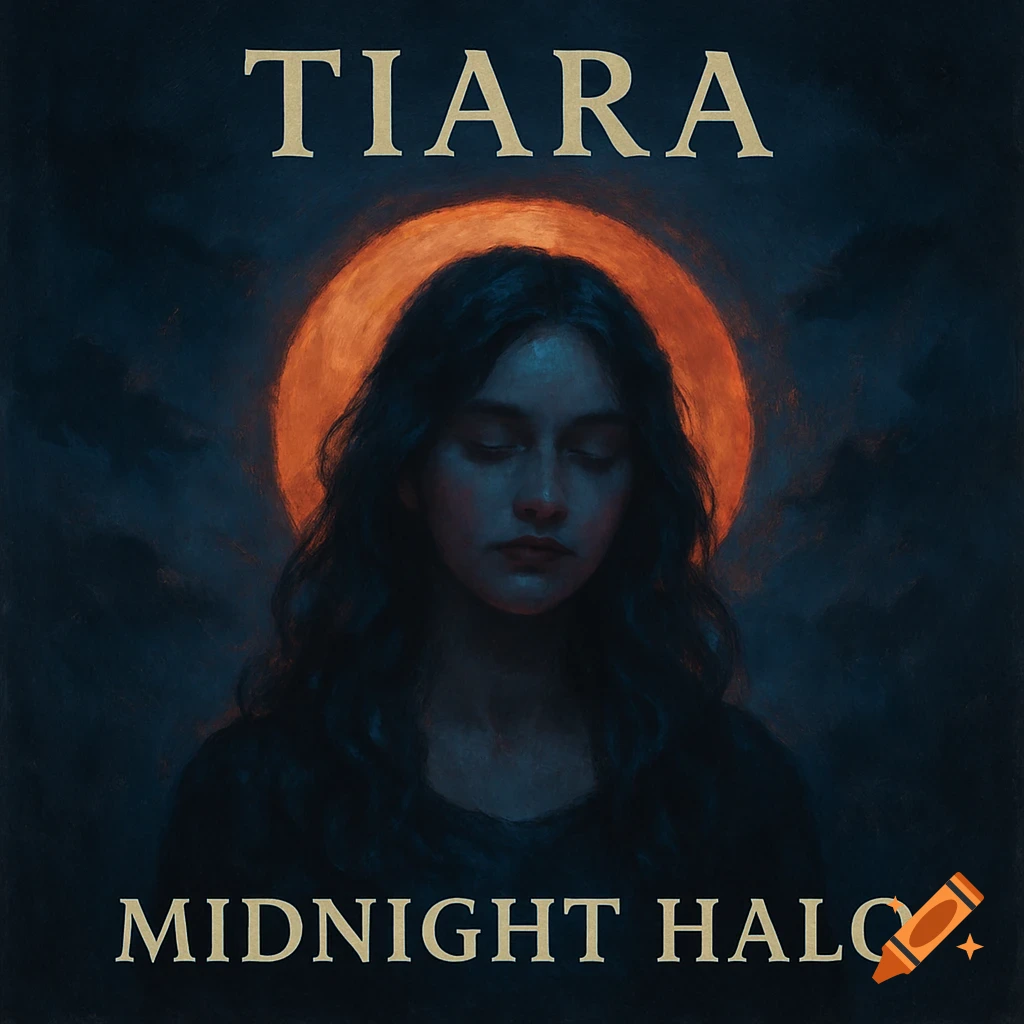 A dark, moody album cover featuring a woman with closed eyes, backlit by a glowing orange moon. Text reads "TIARA" and "MIDNIGHT HALO".