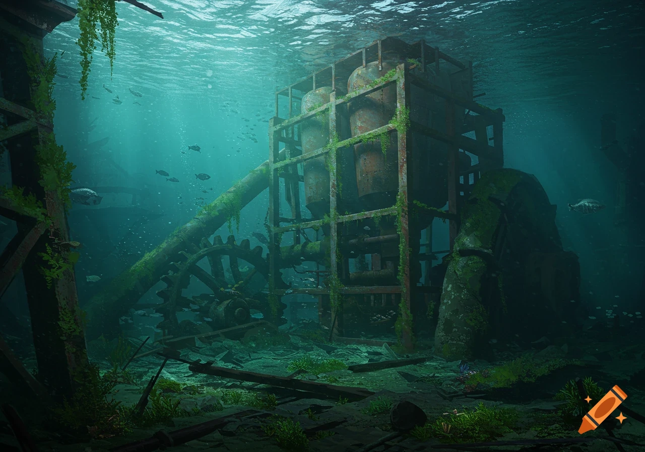 Rusted, moss-covered factory machinery submerged in clear, light-filled ocean water with fish.