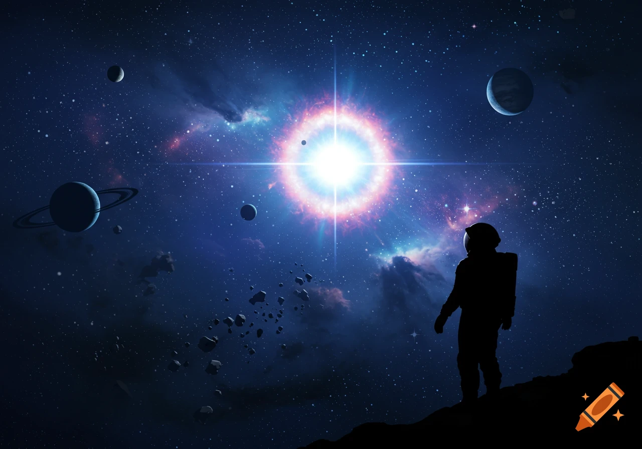 A silhouetted astronaut stands on a dark ground, looking at a bright, expanding supernova and planets in a dark blue starry space.