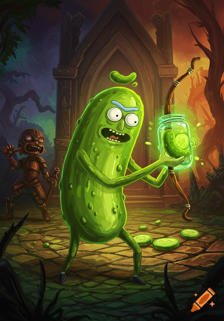 Pickle Rick holds a glowing jar containing a pickle, in a dark fantasy dungeon with a monster in the background.
