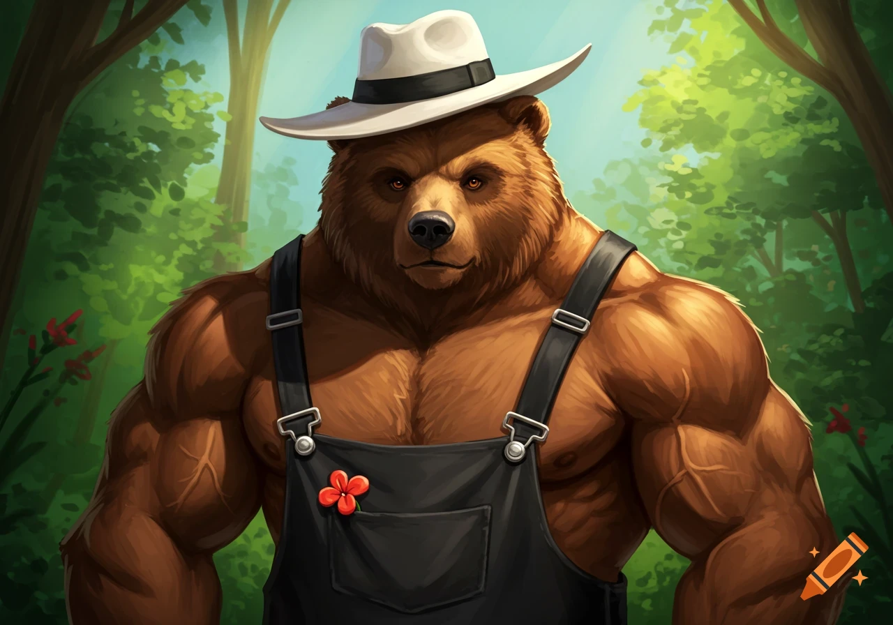 A muscular brown bear wearing a white fedora and black overalls stands in a lush green forest, digital art.