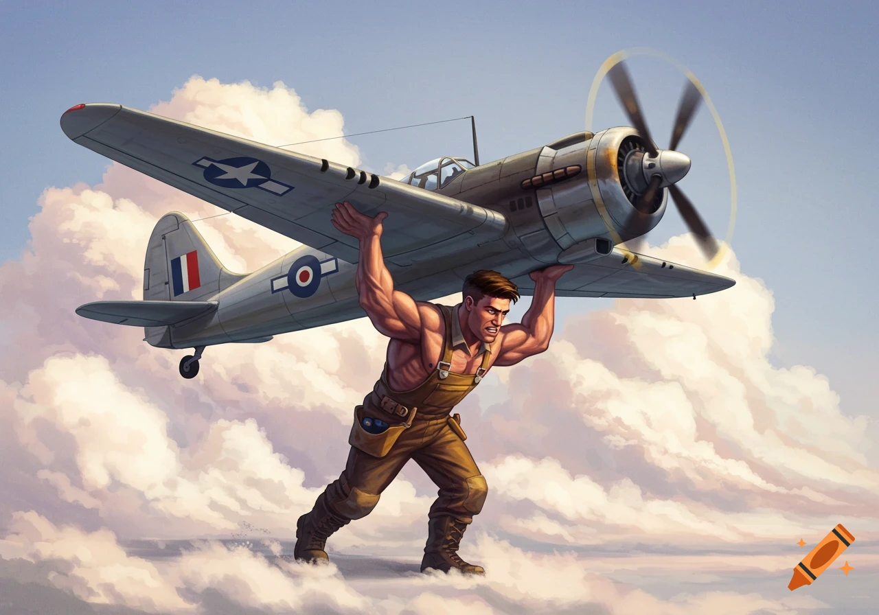 A muscular man in overalls carries a vintage airplane on his back while flying through a cloudy sky, in an illustrated heroic style.