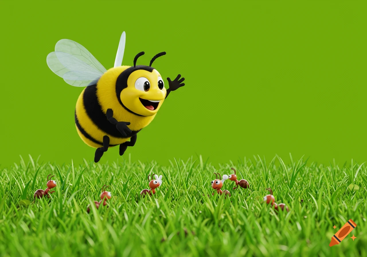 A cheerful cartoon bumblebee flies above green grass, waving, while tiny red ants walk below.