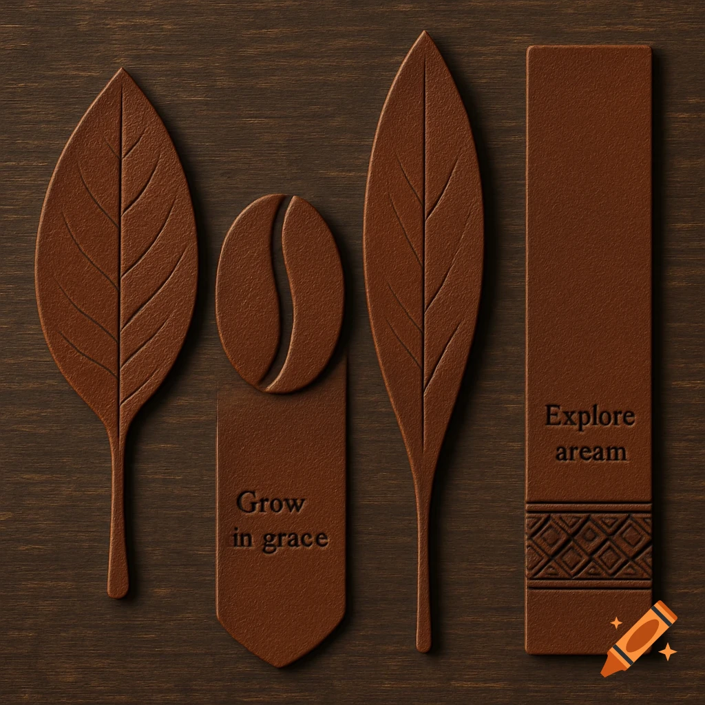 Embossed coffee leather bookmarks, shaped as leaves, a coffee bean, and rectangles on a dark wood background.