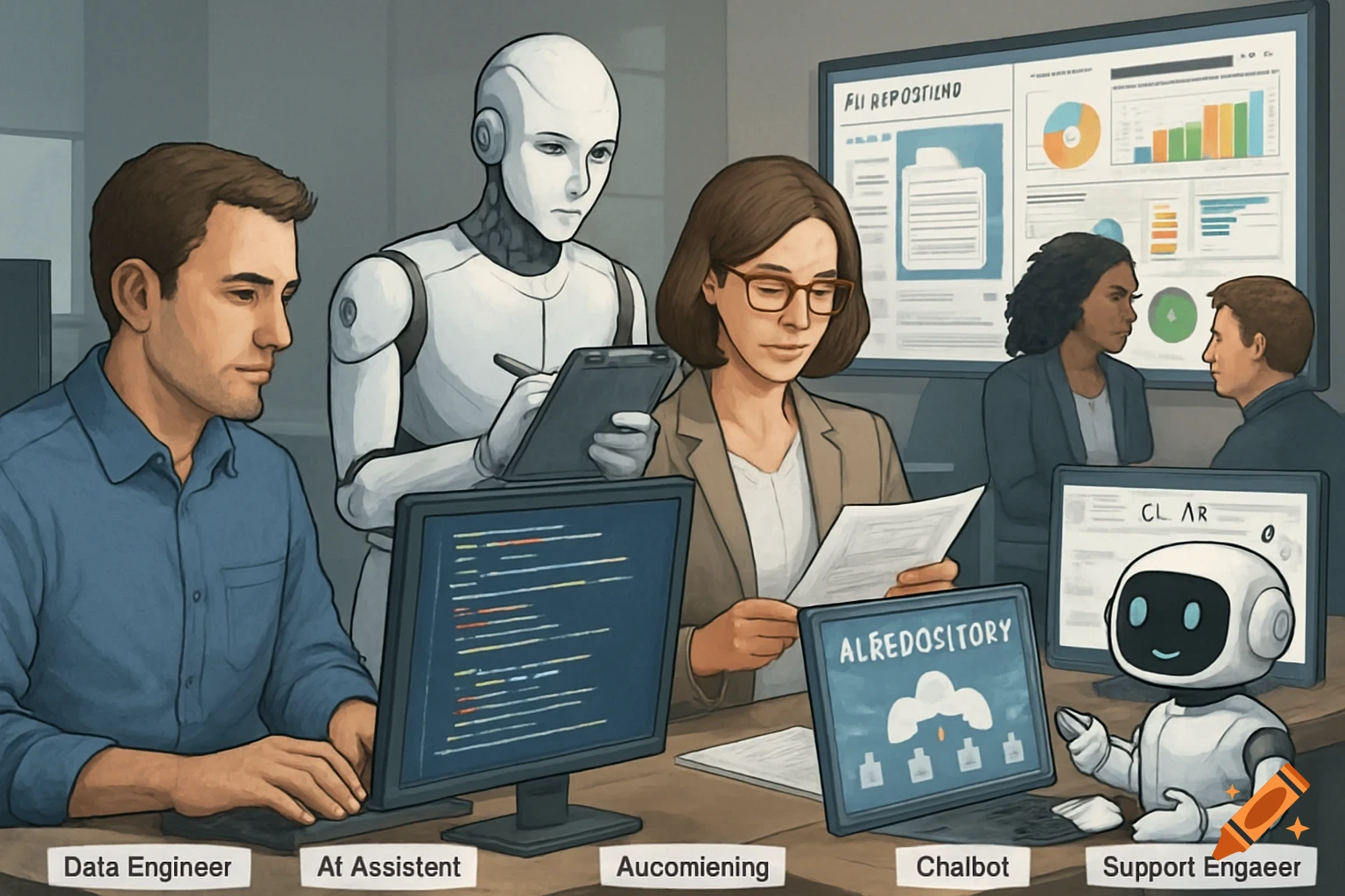 An illustration of people and robots working in an office, with two human men, a human woman, and two robots interacting with computers and documents.