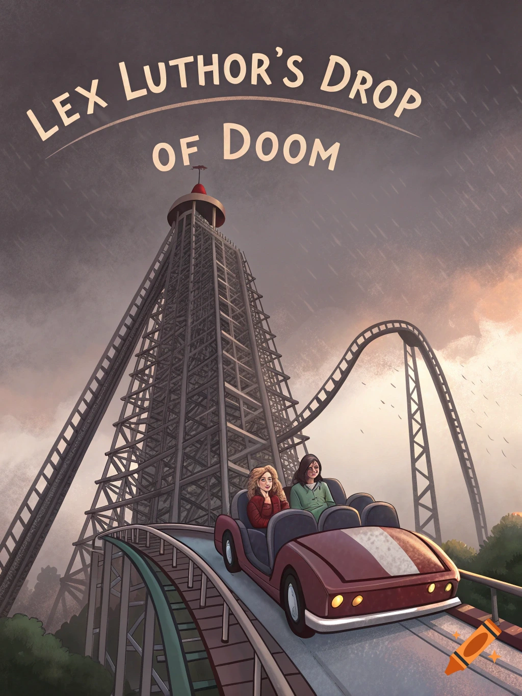 Two people in a red roller coaster car approach a tall drop tower under a stormy sky. The ride sign reads "LEX LUTHOR'S DROP OF DOOM".