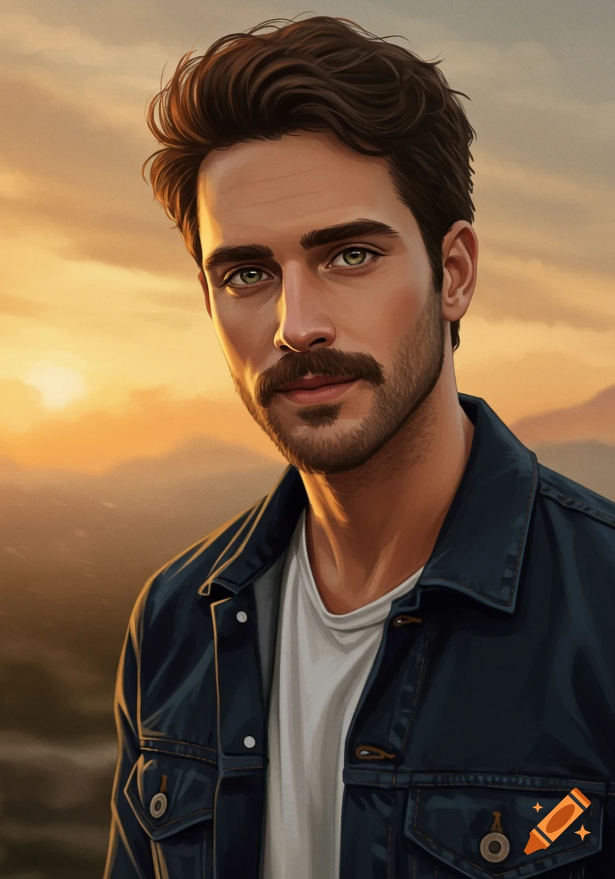 Digital portrait of a man with dark hair, mustache, and beard, in a denim jacket, against a sunset mountain landscape.