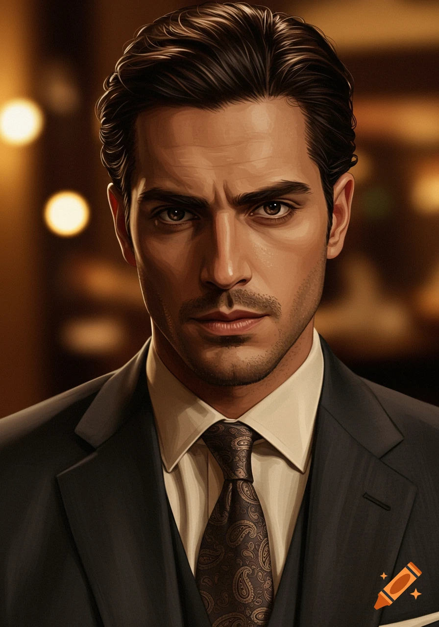 A close-up portrait of a dark-haired man in a suit and patterned tie, with a serious expression.