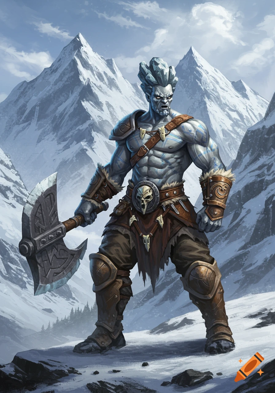 A powerful grey-skinned barbarian with stone hair stands in snowy mountains, holding a large axe, in a detailed digital painting.