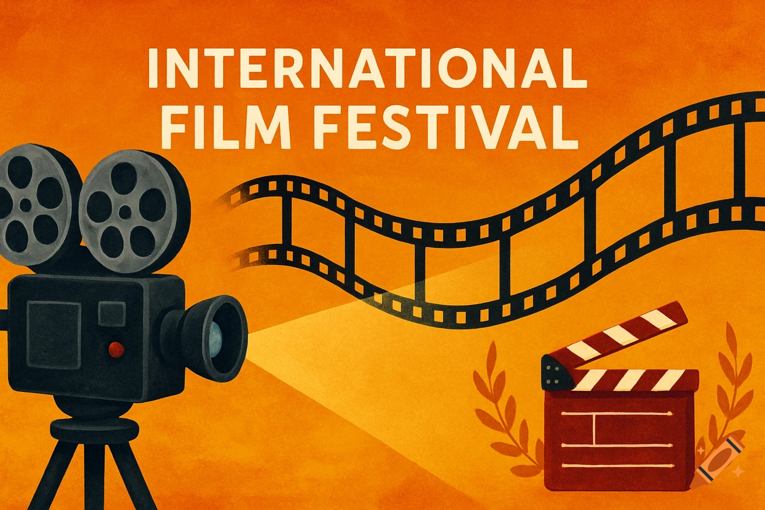 Illustration of a film festival banner with a camera, film strip, and clapperboard against an orange background.