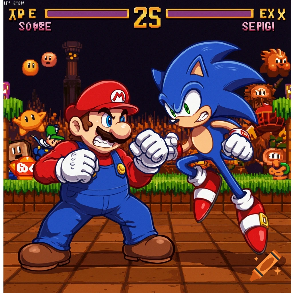 Cartoon Mario and Sonic face off in a fighting game style, pixel art background with game UI elements.
