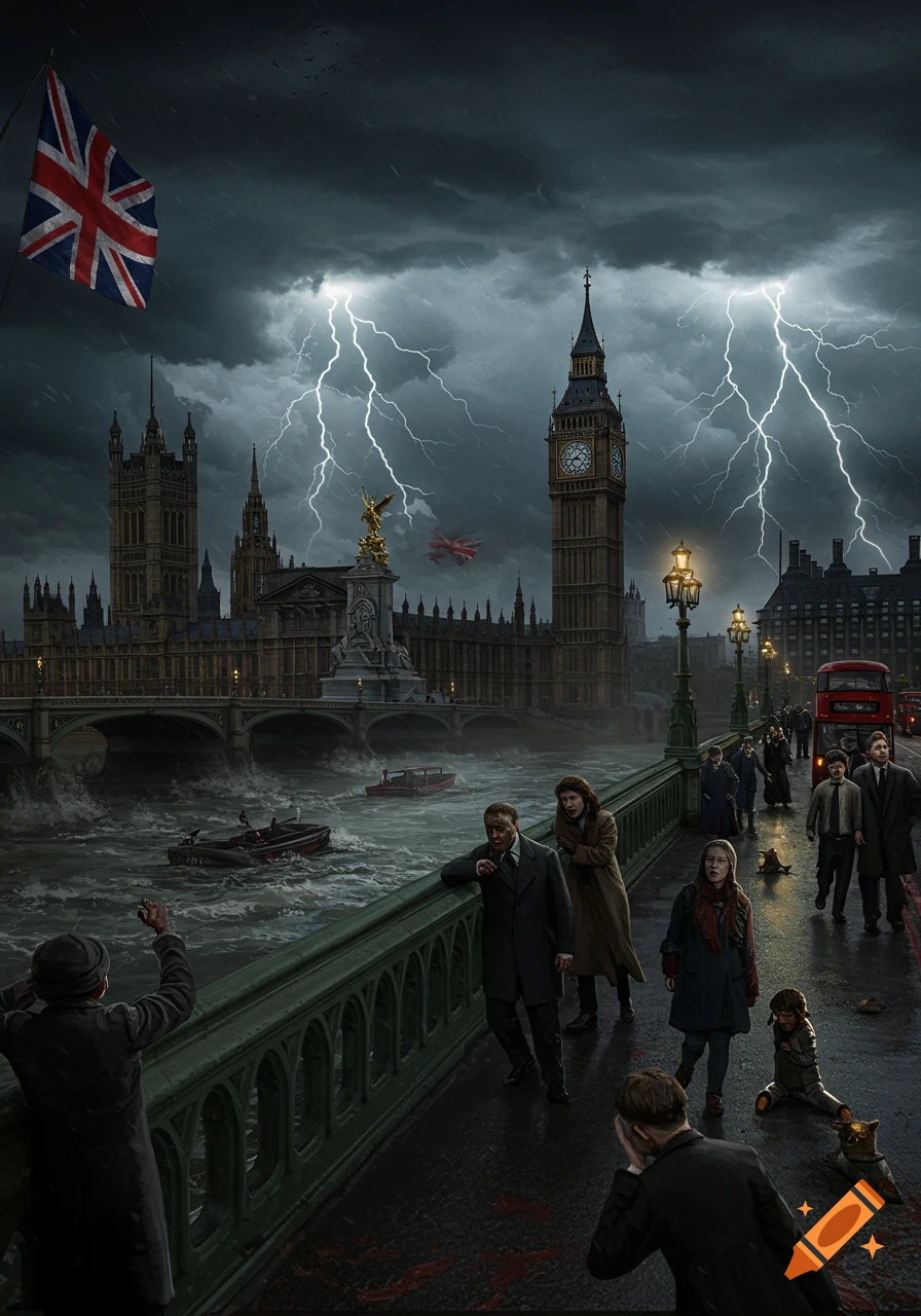 A dramatic scene on Westminster Bridge in London, with lightning striking over the Houses of Parliament and Big Ben during a severe storm. People observe the turbulent River Thames.
