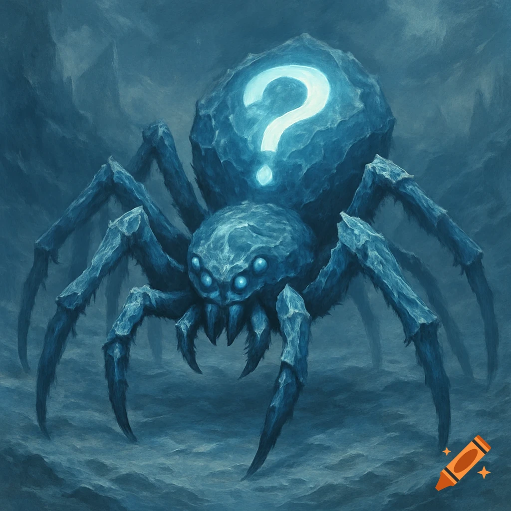 A blue, ice-like spider with glowing blue eyes and a bright question mark on its back in a dark, atmospheric setting.