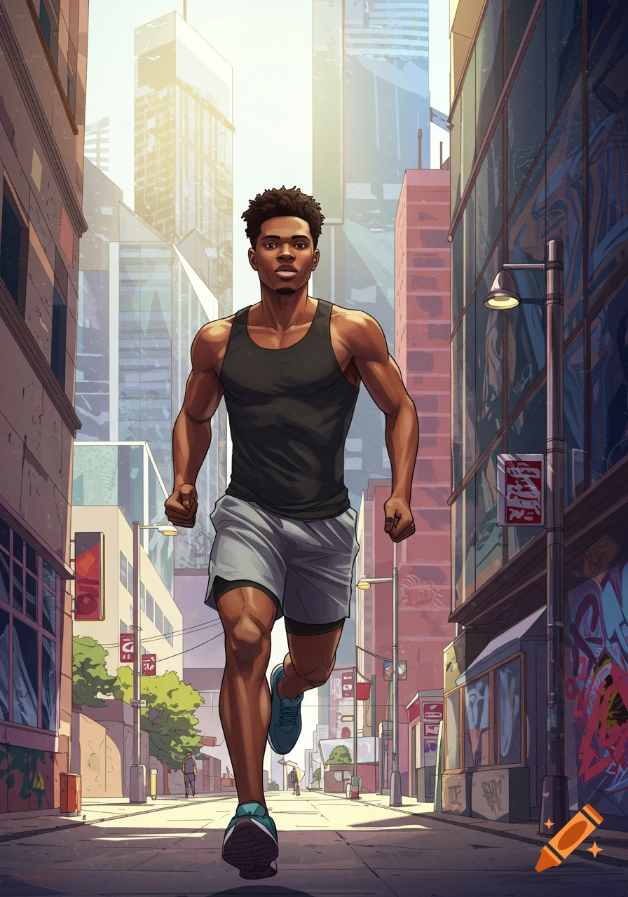 A cartoon-style image shows a fit Black man in a black tank top and grey shorts running down a city street lined with tall buildings.
