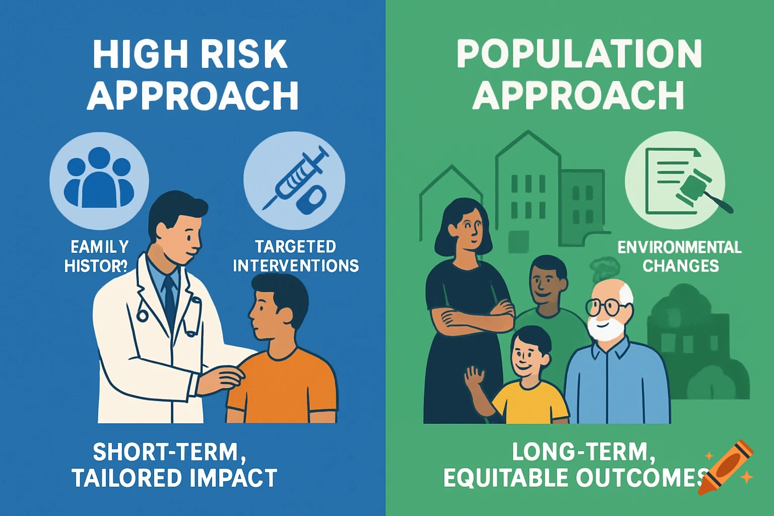 An infographic comparing a 'High Risk Approach' with a 'Population Approach' in healthcare, showing figures and icons. Text includes 'EAMILY HISTOR?'.