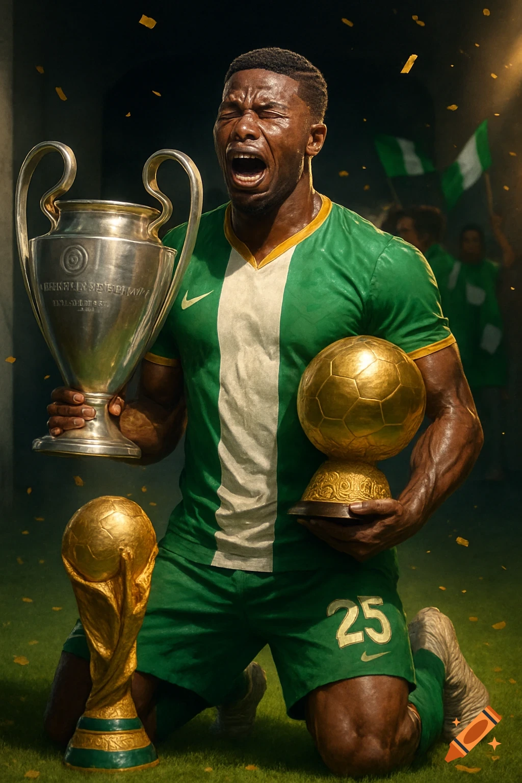A victorious Nigerian footballer kneeling on the field, holding the UCL trophy and a golden Ballon d'Or, surrounded by confetti.