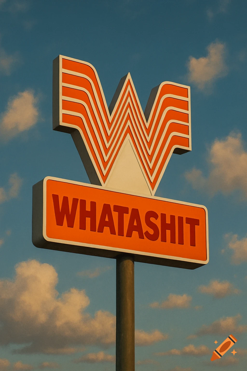 A photorealistic sign resembling a Whataburger sign reading 'WHATASHIT' against a blue sky with clouds.