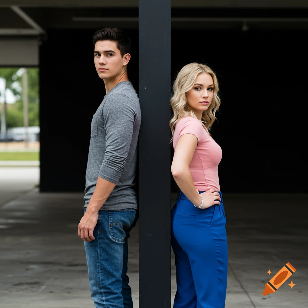 A young man and woman stand back-to-back against a black pillar, looking serious. Photorealistic.