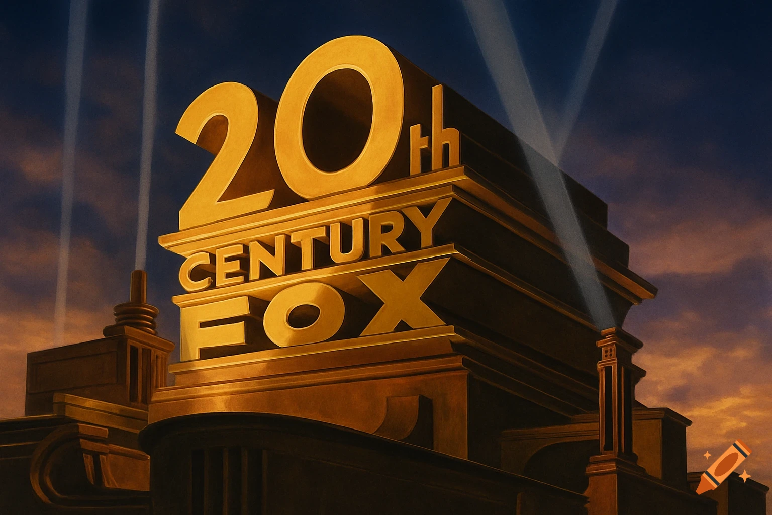 The iconic 20th Century Fox logo, a large golden structure with bold text illuminated by spotlights against a dramatic sky.