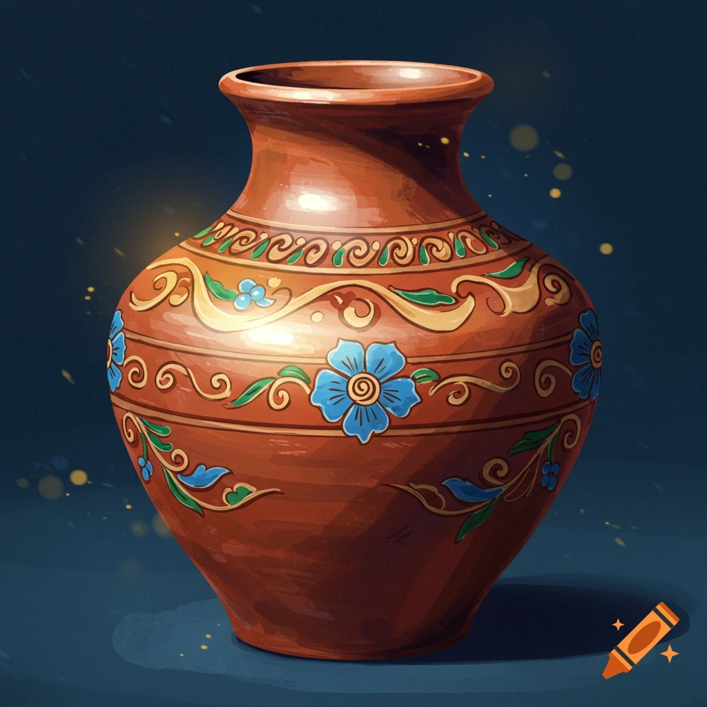 A brown ceramic vase with intricate blue, green, and gold floral and swirl patterns, set against a dark blue background.