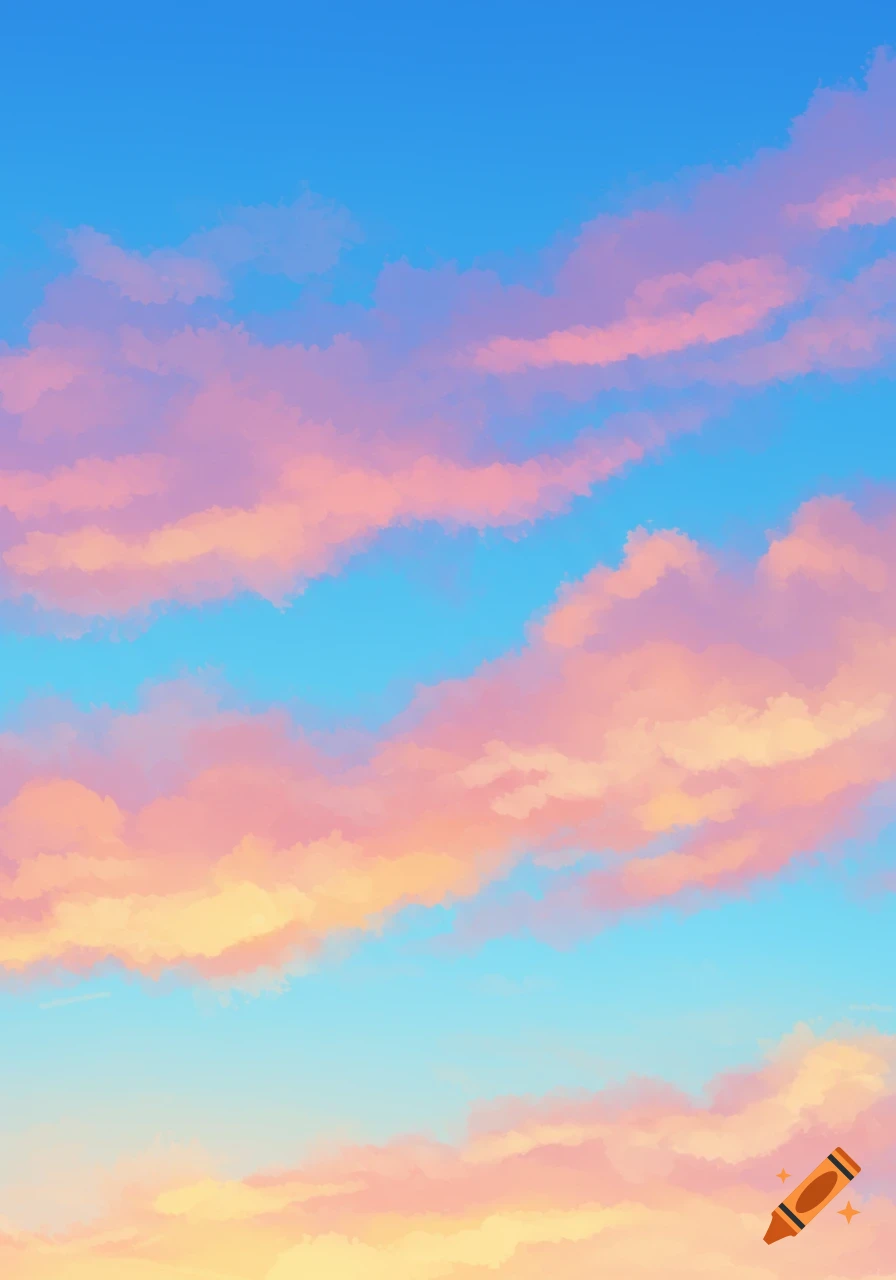 A vibrant blue sky filled with soft, painterly clouds in shades of pink, orange, and yellow.